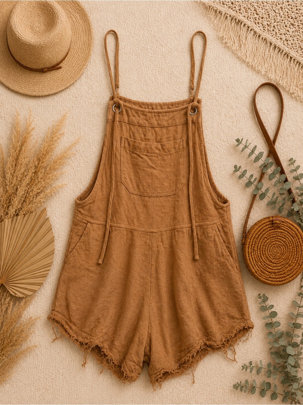 Kori Tan Cotton Romper Overall Shorts